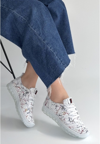 Jiten Beyaz Desenli Deri Bağcıklı Spor Ayakkabı