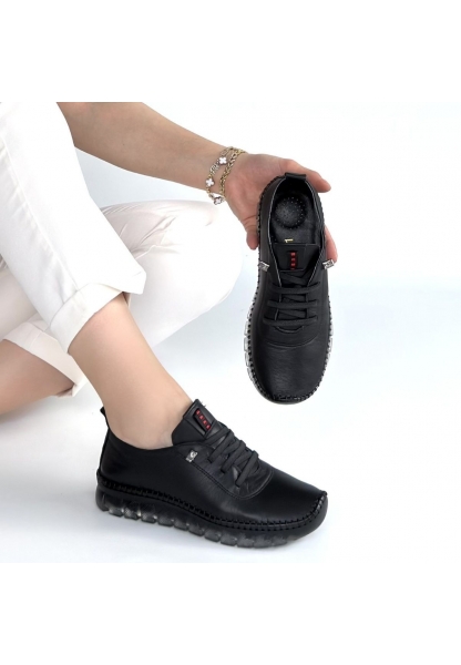 Kitta Siyah Deri Bağcıklı Spor Ayakkabı