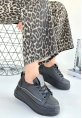 Leope Siyah Cilt Bağcıklı Spor Ayakkabı