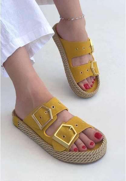 Loera Sarı Nubuk Çift Tokalı Terlik