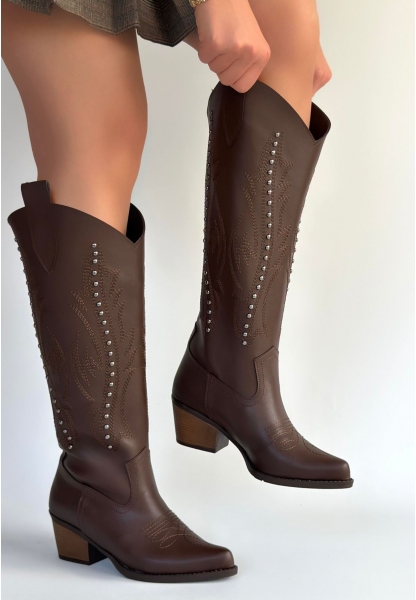 Meof Acı Kahve Cilt Topuklu Çizme