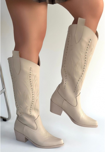 Meof Bej Cilt Topuklu Çizme