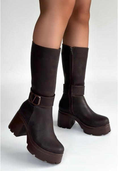 Moki Kahverengi Nubuk Topuklu Çizme