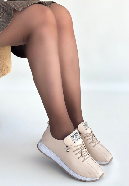 Monya Bej Cilt Bağcıklı Spor Ayakkabı