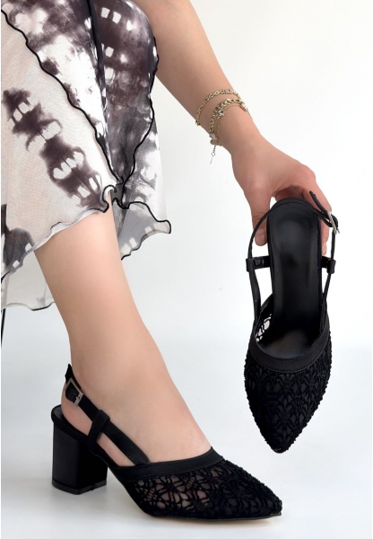 Poje Siyah Saten Tül Detaylı Topuklu Ayakkabı