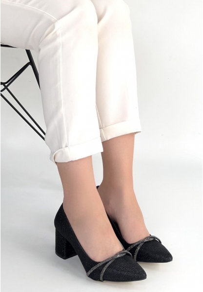 Rewin Siyah Simli Cilt Topuklu Ayakkabı