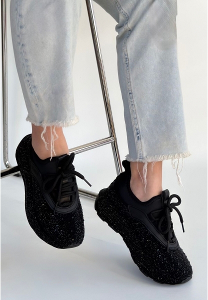 Rimay Siyah Cilt Boncuk İşlemeli Spor Ayakkabı