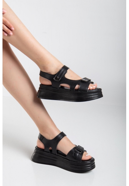 Saide Siyah Cilt Cırt Cırtlı Sandalet