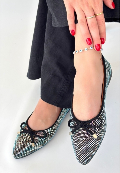 Sarra Siyah Saten İşlemeli Babet Ayakkabı