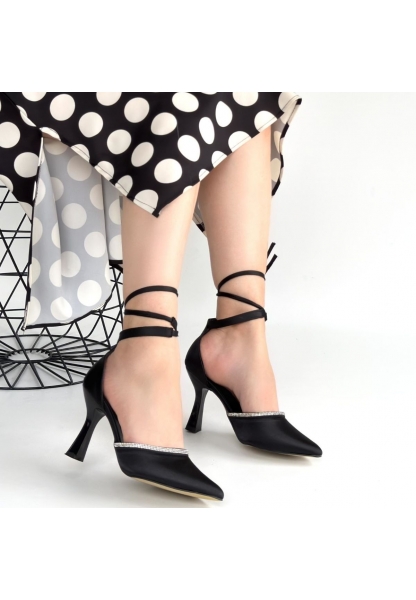 Tenja Siyah Saten Bilekten Bağcıklı Topuklu Ayakkabı