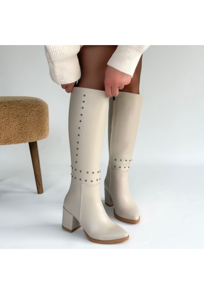 Tiyan Bej Cilt Topuklu Çizme