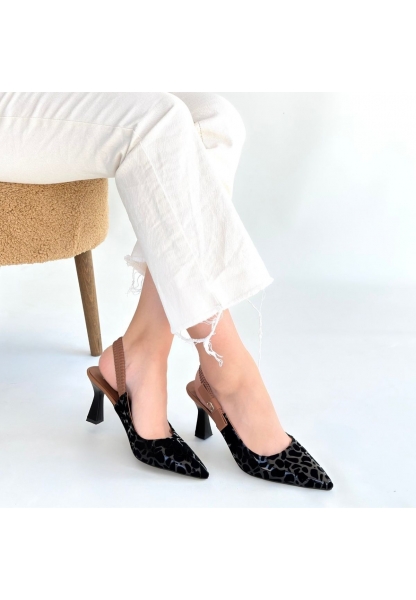 Toran Siyah Rugan Siyah Süet Detaylı Topuklu Ayakkabı