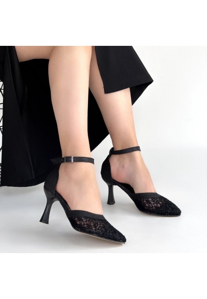 Weja Siyah Cilt Tül Detaylı Topuklu Ayakkabı