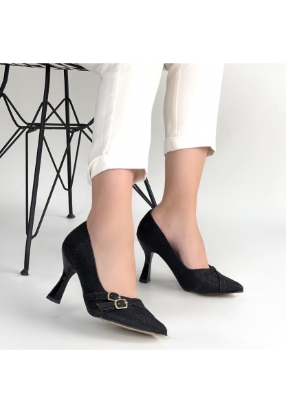 Wenda Siyah Simli Cilt Topuklu Ayakkabı