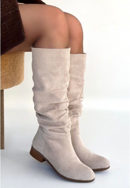 Winda Bej Süet Körüklü Topuklu Çizme