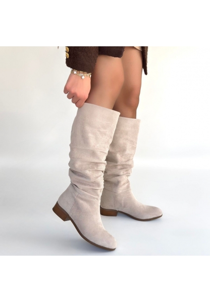 Winda Bej Süet Körüklü Topuklu Çizme
