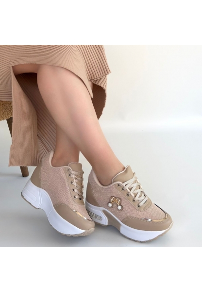 Wody Bej Cilt Simli Bağcıklı Spor Ayakkabı