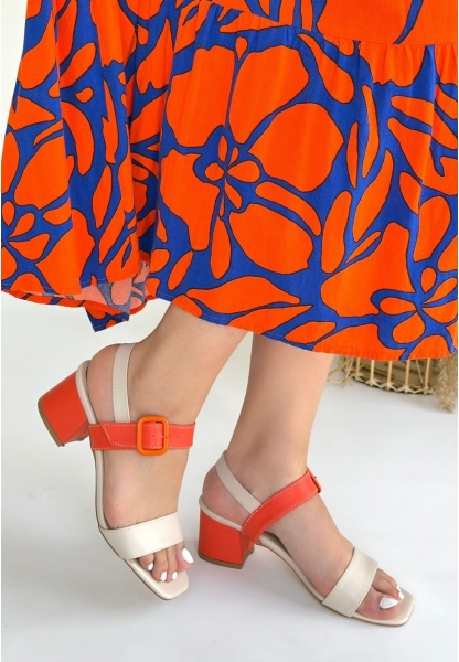 Year Bej Cilt Turuncu Detaylı Turuncu Topuklu Topuklu Ayakkabı