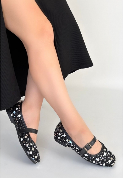 Zaty Siyah Süet Gümüş Pullu Babet Ayakkabı